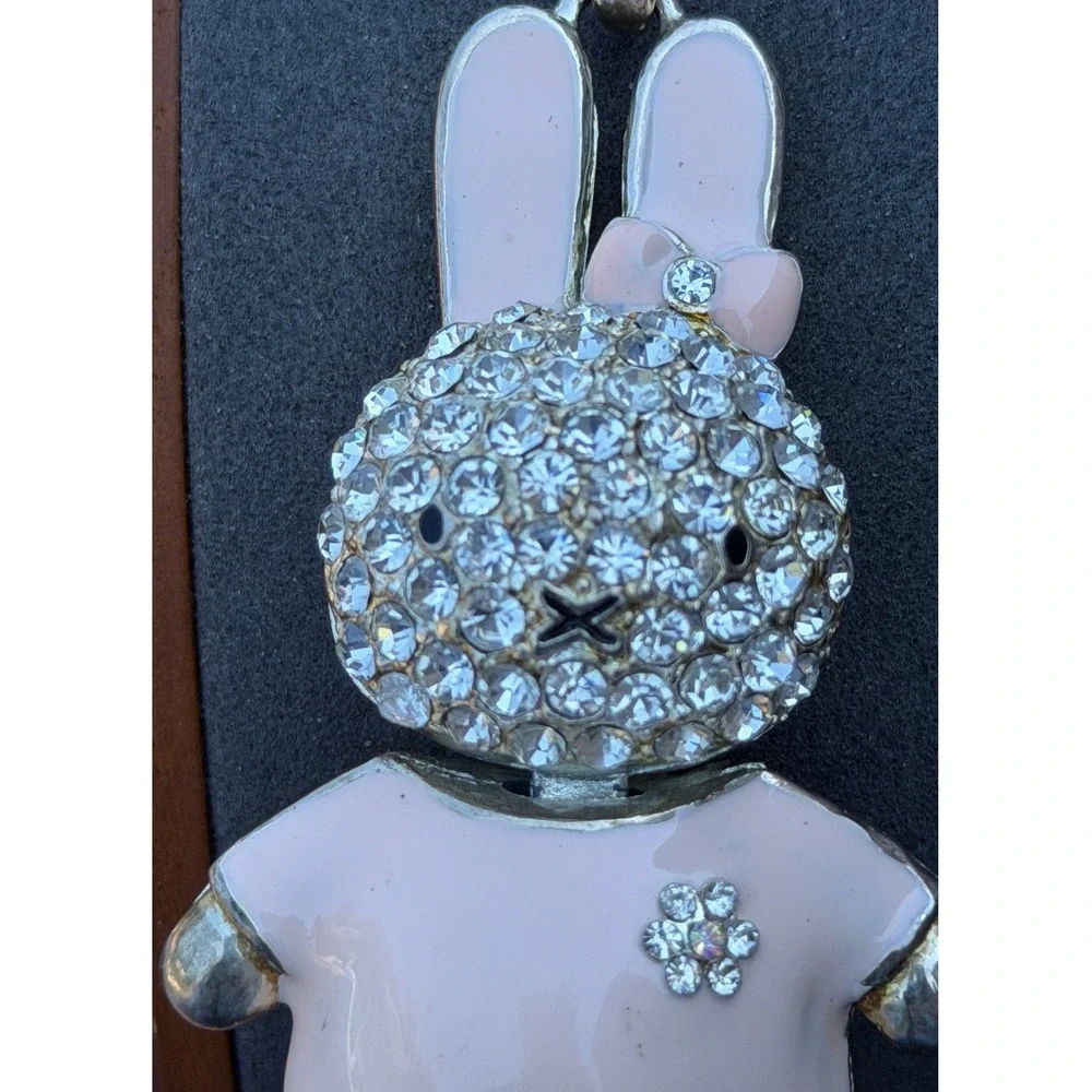 Vintage Bunny Rabbit Pendant Necklace Rhinestone Pink Enamel Miffy Style 28